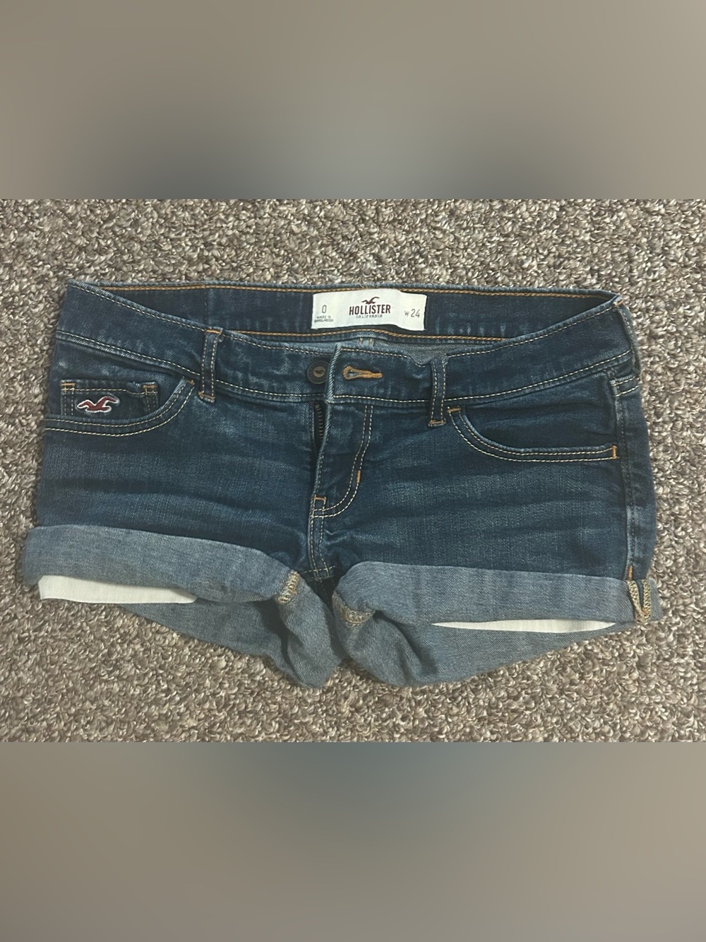 Hollister Women's Dark Indigo Rolled Cuff Denim Shorts Design on Pockets Logo